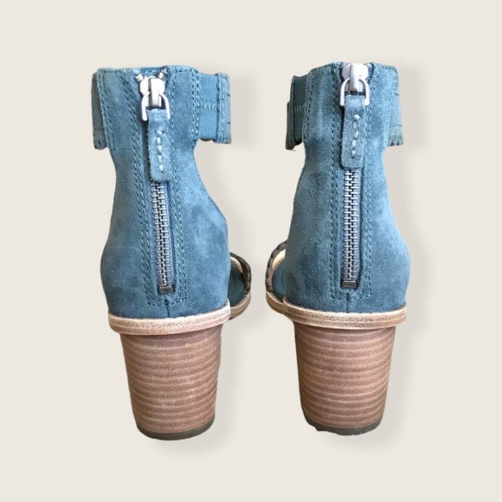 $340 Frye Teal/Turquoise Brielle Scallop Leather Suede Ankle Strap Heel Sandals - Picture 15 of 16